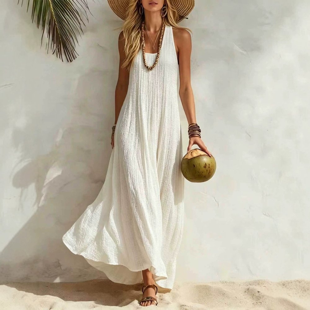 Women's White Sleeveless Scoop-Neck Relaxed Swing Maxi Dress